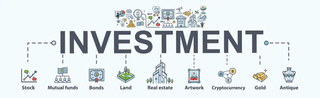 Investment banner web icon for business and finance. Property, Land, stock, gold, bond, mutual funds, currency exchange, profit and loss. Minimal vector infographic.Investing Long Term.