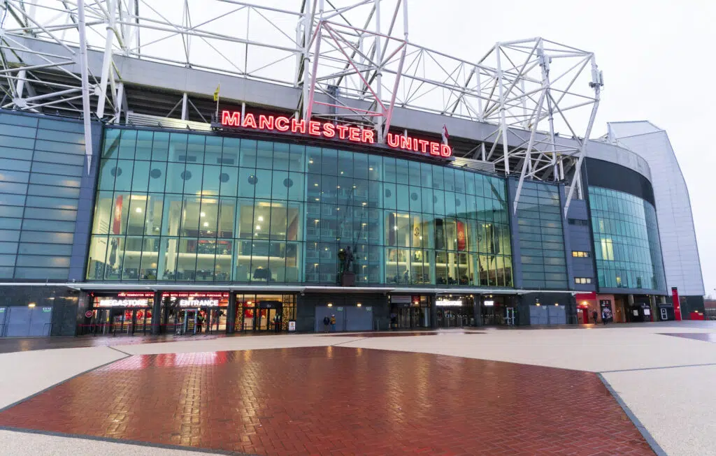 Manchester UK - December 12, 2020: View of Manchester United football club in the front stadium the Old Trafford, Home of the Red Devils.
