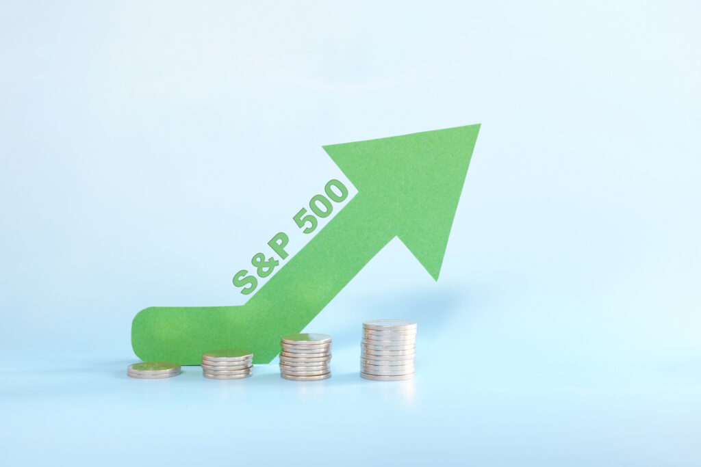 S&P 500 index in green upward arrow with increasing stack of coins. Bullish run market in United States US stock market. Invest in the S&P 500