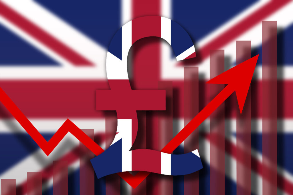 United Kingdom flag paint over on Pound sterling symbol.UK currency recovery concept. FTSE 100 ETF