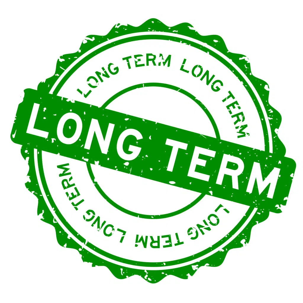 Grunge green long term word round rubber seal stamp on white background. Investing Long Term