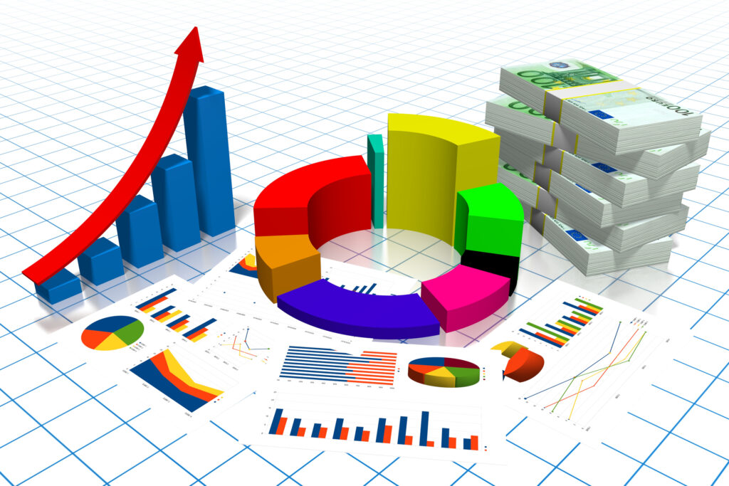 3D business chart - bar and pie chats, 100 euro bills. Structured Investment Products