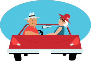 Senior couple in a red convertible car, EPS 8 vector illustration